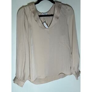 NWT Current Air Beige Long Sleeve Blouse with Pleated Collar Sz S